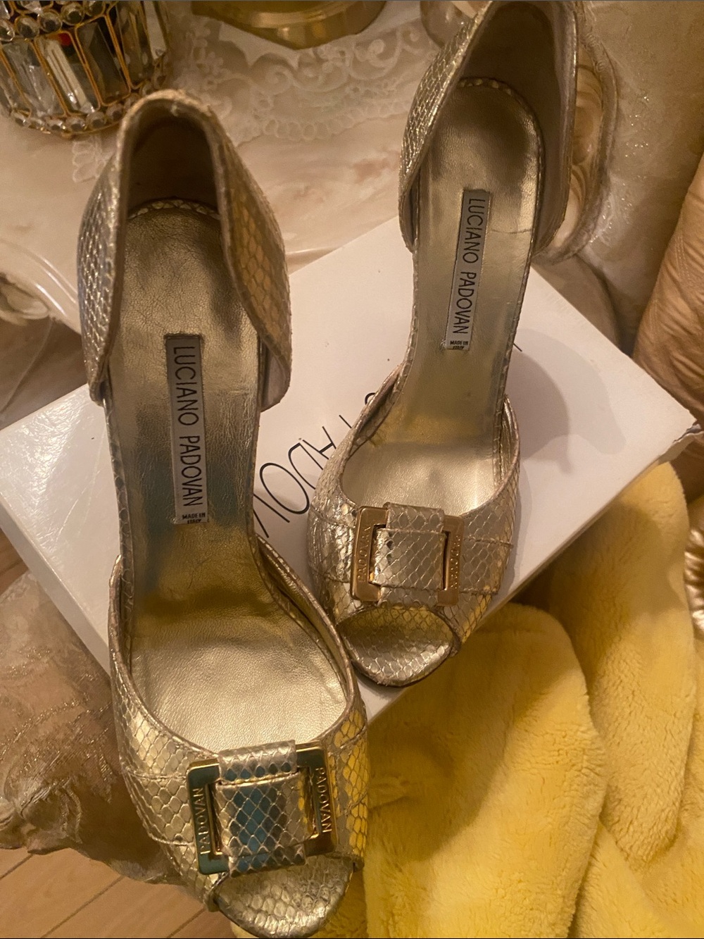 Luciano Padovan Metallic Gold Peep-Toe Heels with Buckle Detail